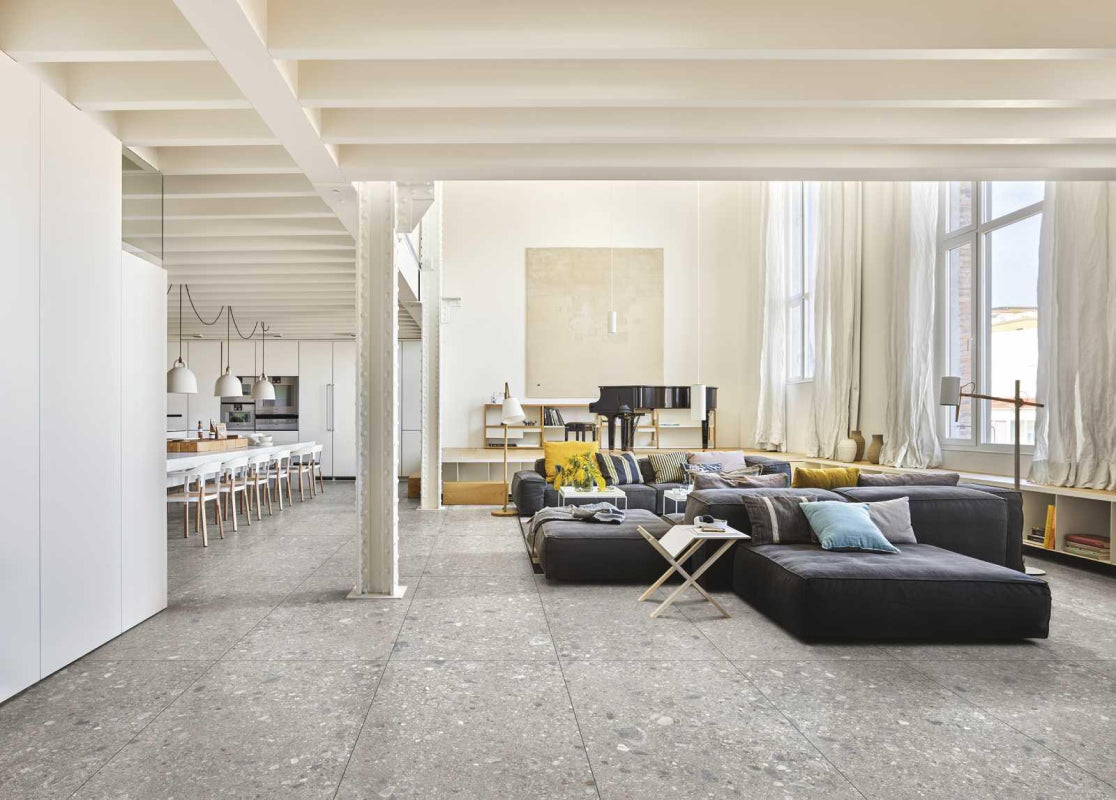 salon et séjour dans un loft avec un revêtement inspiration béton.
